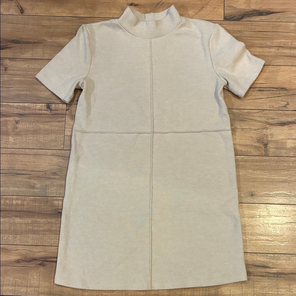 Zara Cream Mock Neck Short Sleeve Shift Dress